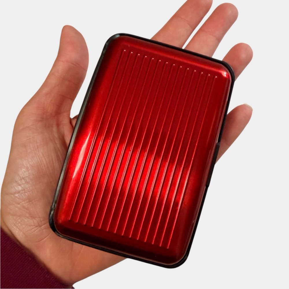 Red Hard Shell Card Holder Wallet Metal Accordion Credit Card Case Organizer - Picture 6 of 7